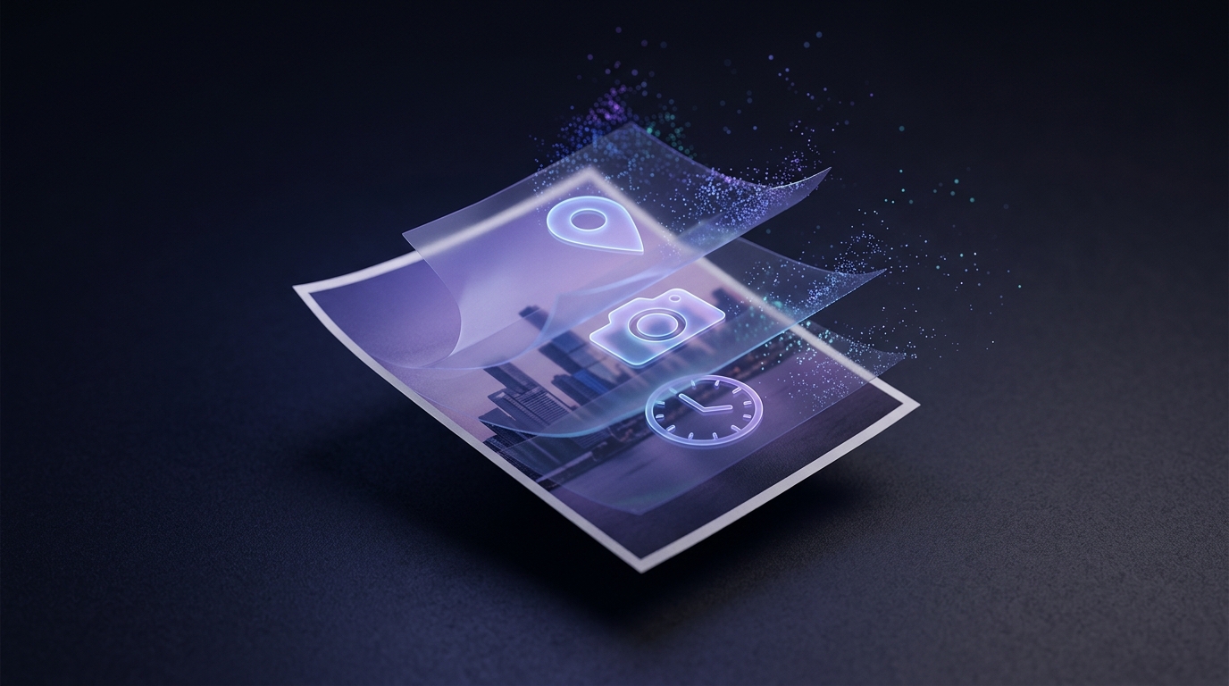 Photo file with hidden metadata layers being stripped away