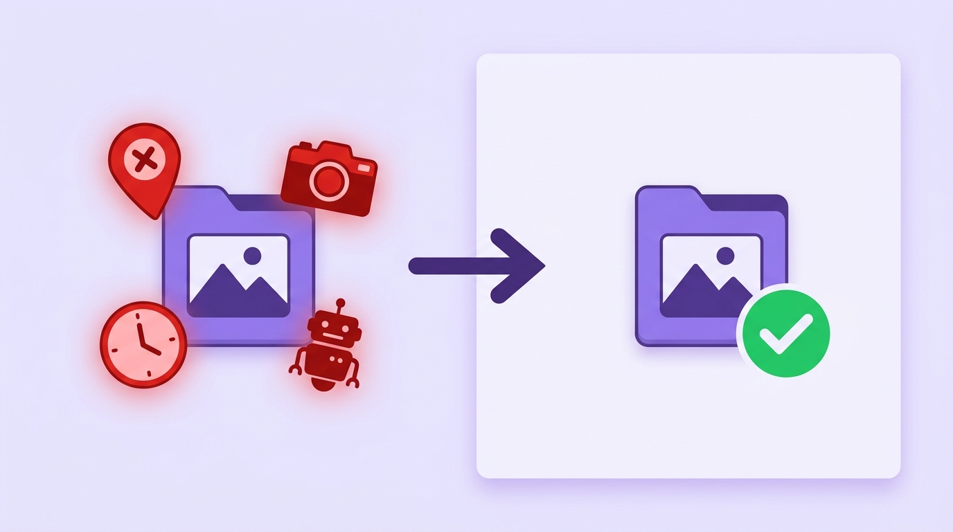 Diagram of hidden metadata inside an image file: GPS, device, timestamps, AI tags